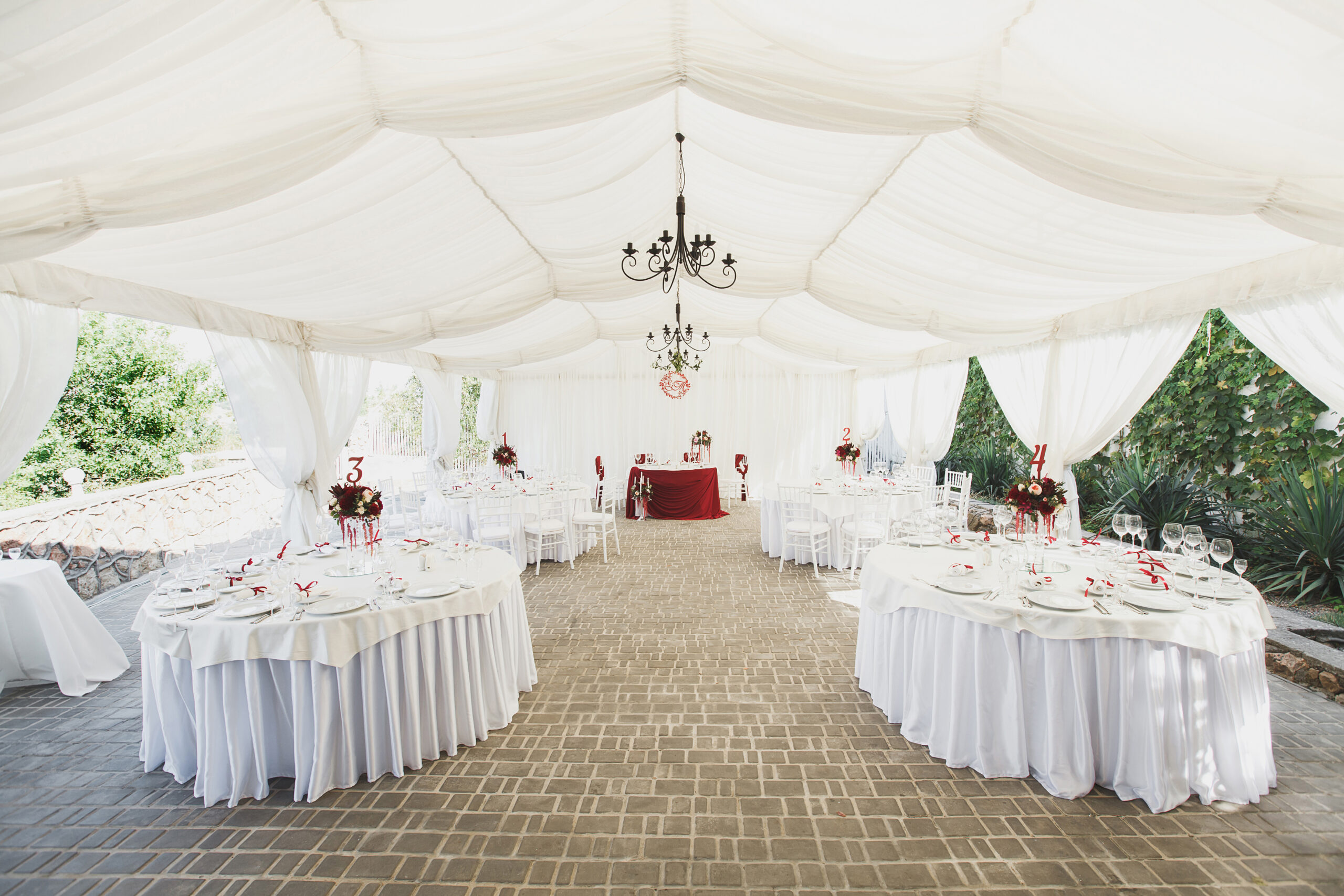 Beautiful Banquet hall under a tent for a wedding reception.